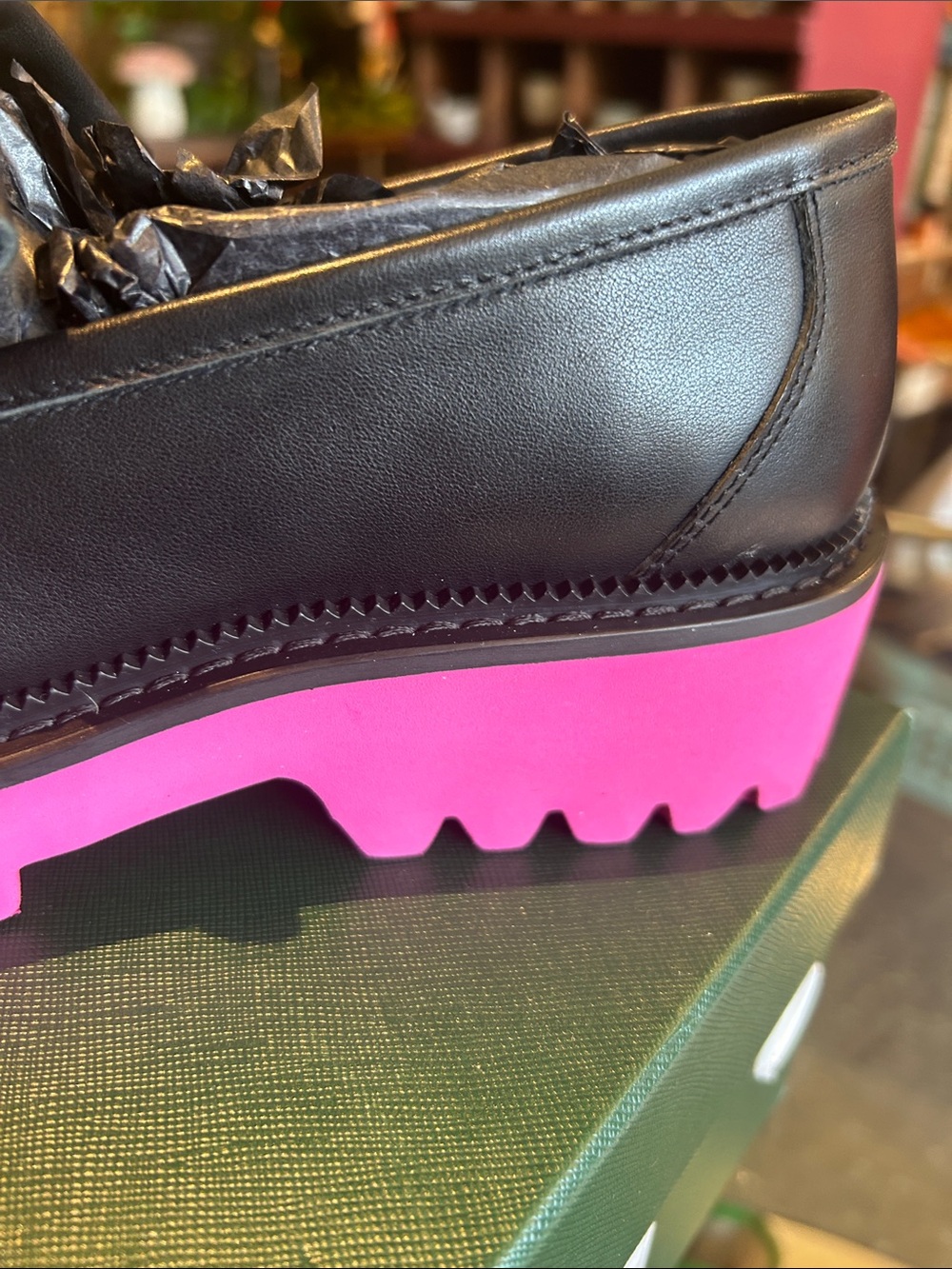Black Leather Kiltie Loafer with Hot Pink Lug Sole - Picture 2 of 10